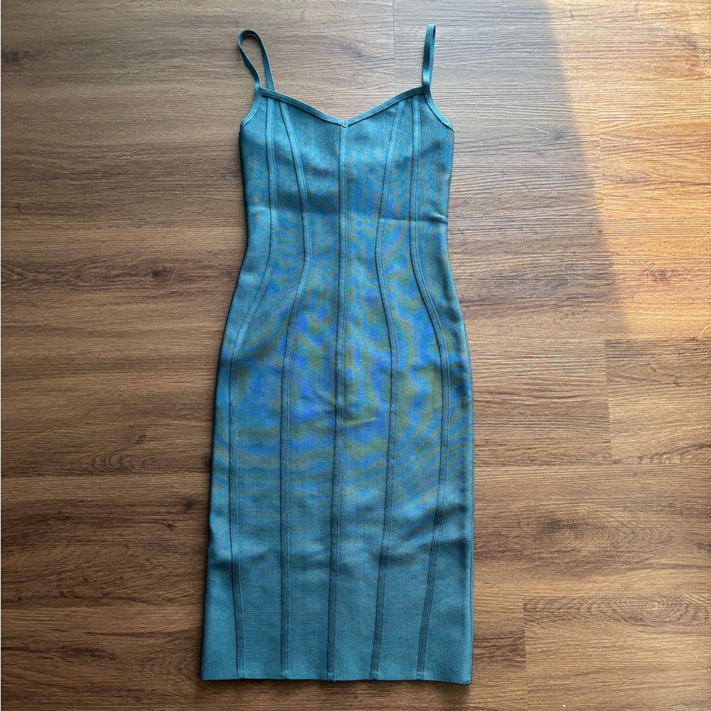 Herve Leger Teal Blue Striped Midi Bandage Dress
